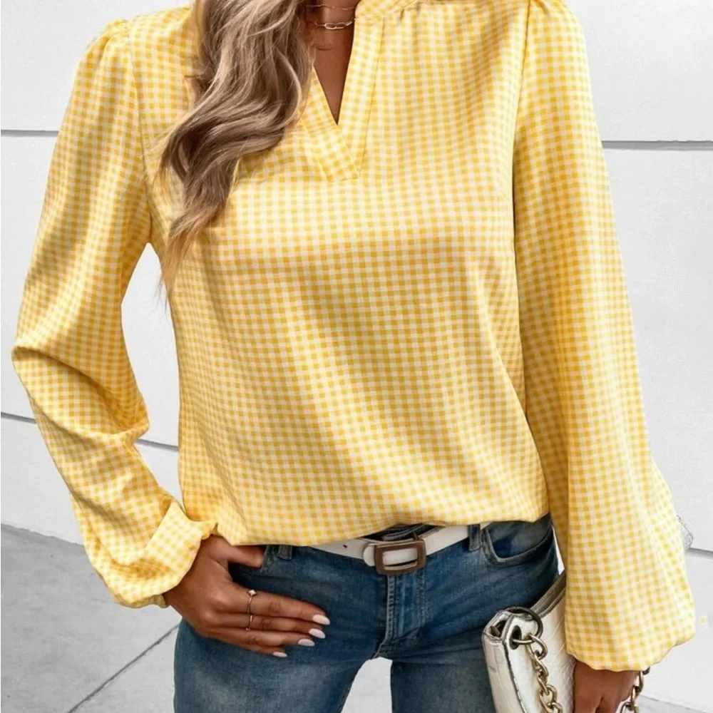 New gingham yellow long sleeve blouse - Picture 3 of 7